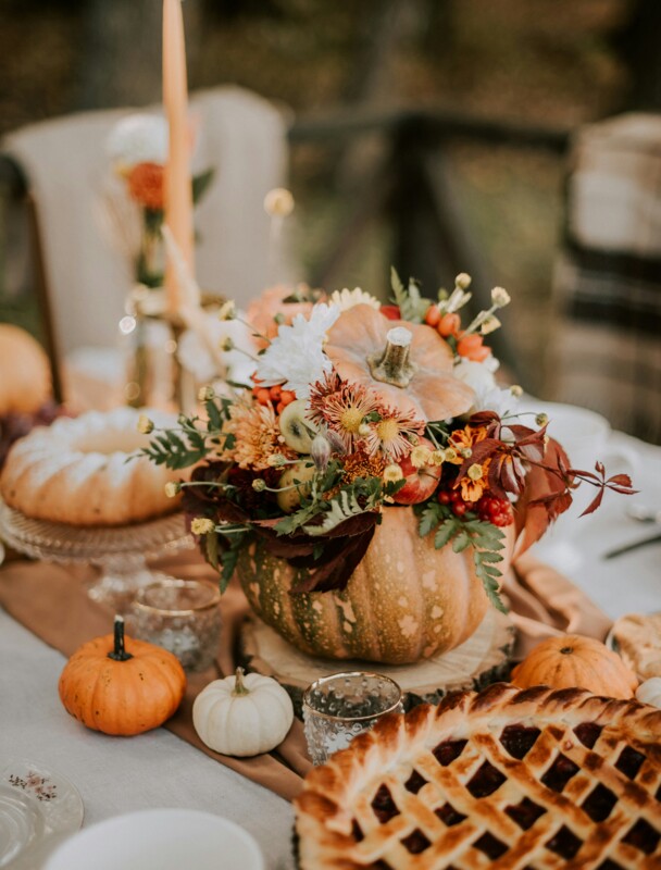 Halloween creations with pumpkins, paints and plants
